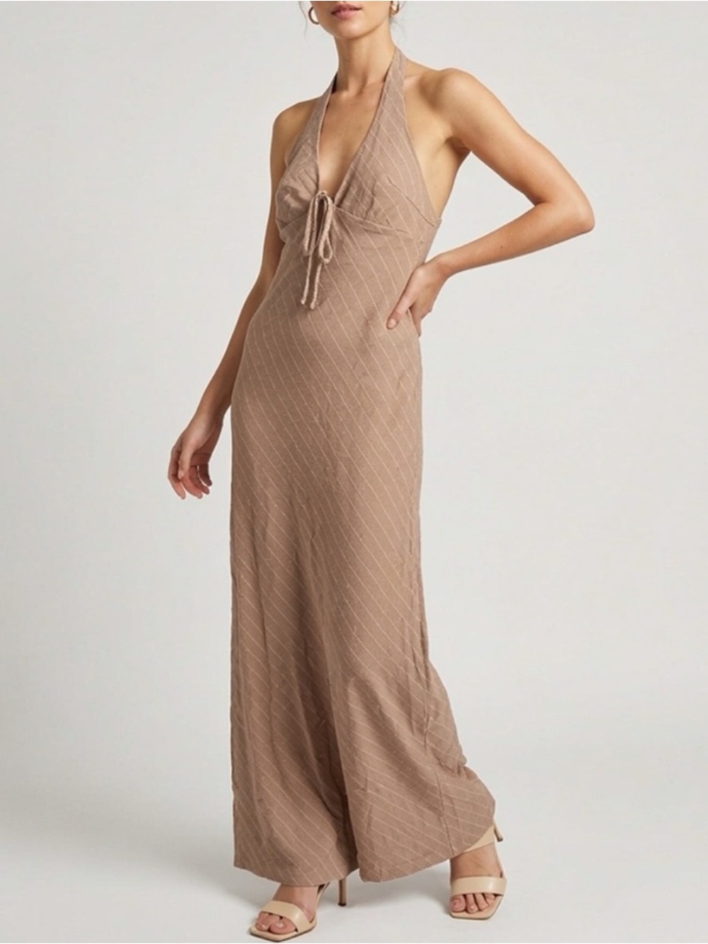 🟠NWT HYFVE Linen Blend Halter Maxi Dress in Taupe with Ivory Pinstripes